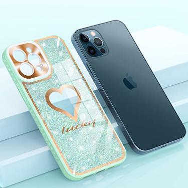 Imagem de Capa de telefone com glitter de luxo para iphone 13 pro max 12 12pro 11 promax amor coração cd padrão proteção de câmera capa acrílica tpu, verde, para iphone 13