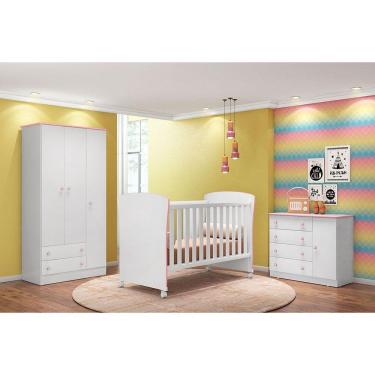 Imagem de Quarto infantil Doce Sonho Guarda Roupa Berço e Cômoda Sapateira Branco/Rosa - Qmovi