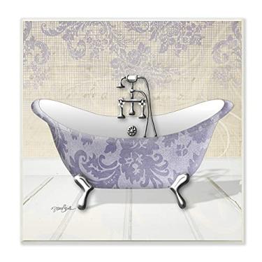 Imagem de The Stupell Home Decor Collection Placa de parede de banheiro com garra de damasco roxo