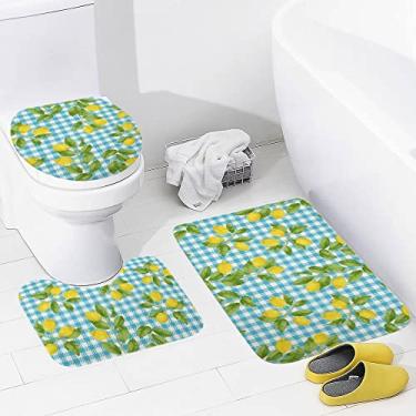Imagem de Conjunto de tapetes de banheiro 3 peças de tapetes de limão azul e branco, tapete de banheiro lavável antiderrapante, tapete de contorno e tampa para banheiro