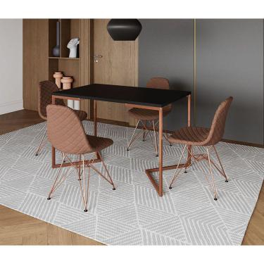 Imagem de Mesa Jantar Industrial Retangular Preta 120x75 Base V com 4 Cadeiras Estofadas Caramelo Base Cobre