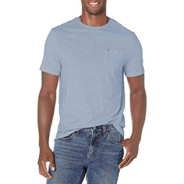 Imagem de Tommy Hilfiger Camiseta masculina Essential de algodão de manga curta com bolso e gola redonda, Málaga azul mesclado, P