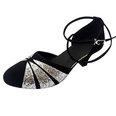 Imagem de Sandálias respiráveis com tiras abertas para mulheres de salão de baile tango sapatos de dança latina sapatos de lantejoulas sapatos de dança social (prata, 6)