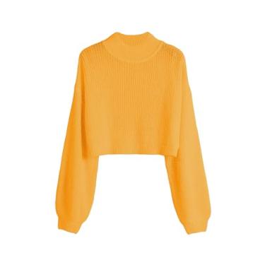 Imagem de SweatyRocks Suéter feminino de manga comprida com gola alta, ombro caído, pulôver, manga lanterna, malha canelada, top cropped, Amarelo, M