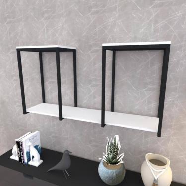 Imagem de Prateleira Industrial Suspensa Estante Parede Nicho Branca Ferro E Madeira Suporte Pratileira