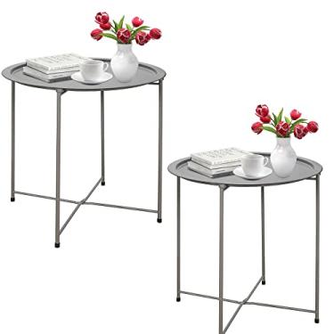 Imagem de Garden 4 you Bandeja dobrável, mesa lateral de metal, 2 peças, mesa de canto redonda cinza, sofá ciano, mesa dobrável, bandeja de mesa redonda, ao lado da mesa de sofá, mesa de lanche para sala de