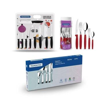 Imagem de Kit - 1 Faqueiro Vermelho 30 Peças + 1 Conjunto Facas 9pç + 1 Faqueiro Inox 24pç - Tramontina