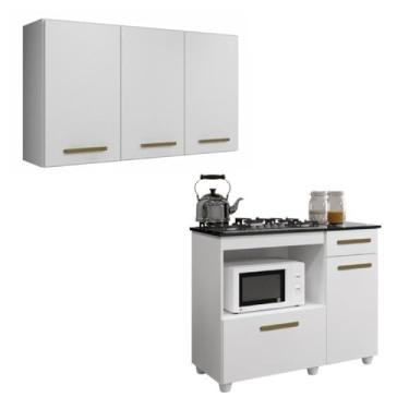 Imagem de Conjunto Armário Aéreo 3 Portas e Balcão para Cooktop 5 bocas 2 Portas 1 Gaveta Branco
