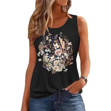 Imagem de Camiseta regata feminina de verão, sem mangas, estampa de flores vintage, boêmio, cottagecore flores silvestres, A - Preto, M