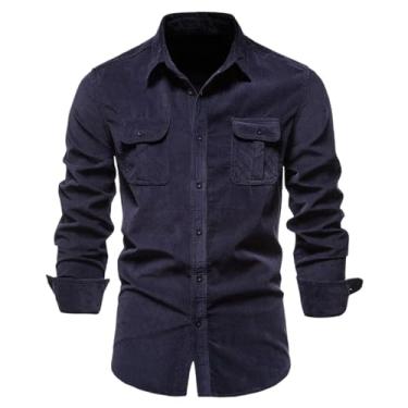 Imagem de Camisa masculina outono algodão manga comprida japonês simples veludo cotelê tendência camisa casual slim roupas masculinas, Azul marinho, PP