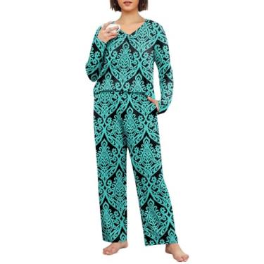 Imagem de syoss Conjuntos de pijama feminino manga comprida pijama macio confortável pijama M-4XL, Floral azul-verde, G