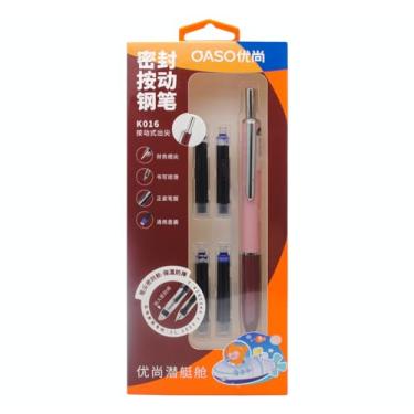 Imagem de xixixiaozhu Conjunto de canetas-tinteiro retrátil OASO K016, 0,5 mm, com 4 cartuchos de tinta azul, escrita suave para estudantes escolares (rosa do mar profundo)