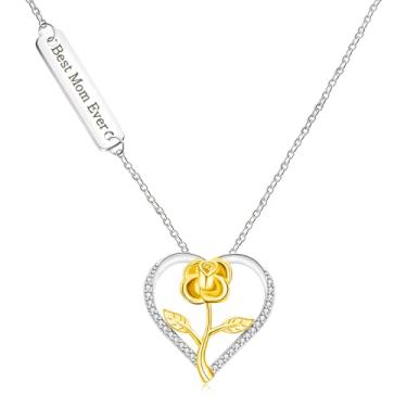 Imagem de Tobestu Colar com pingente de flor rosa em coração de zircônia cúbica elegante e bonita para o Dia das Mães, Gravado Always Mom Forever Friend/Best Mom Ever/Mom I Love You Always and Forever YA4692,