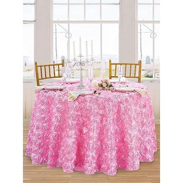 Imagem de QueenDream Toalha de Mesa Redonda Rosa de Cetim com Rosetas Florais 3D, 228,6 cm, para Casamento, Aniversário, Chá de Bebê e Piquenique