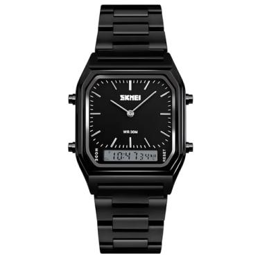 Imagem de Relógio de pulso unissex, relógios digitais analógicos militares à prova d'água com cronógrafo LED multitempo, relógios de negócios de aço inoxidável para homens, Preto completo, Medium, Cronógrafo, digital