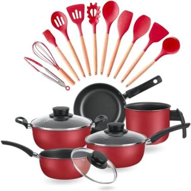 Imagem de Conjunto de Panelas Antiaderente de 17 Peças com Colheres de Silicone Super Elegan Vermelho + Talher Cabo Madeira Espatulas Pegador