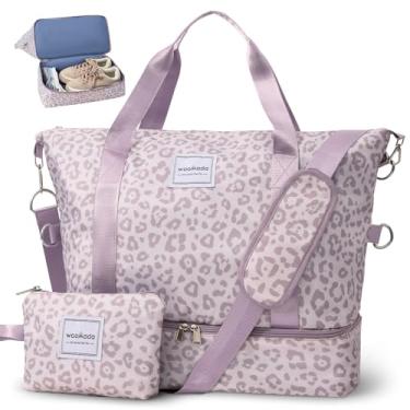 Imagem de WOOMADA Bolsa feminina de fim de semana, bolsa de viagem com compartimento para sapatos e bolso molhado, bolsa de itens pessoais para companhias aéreas, Oncinha marrom