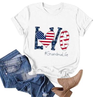 Imagem de Camisetas femininas com bandeira americana, manga curta, estampa Love Grandma Life, Dia da Independência, patriótico, casual, caimento solto, Branco, GG