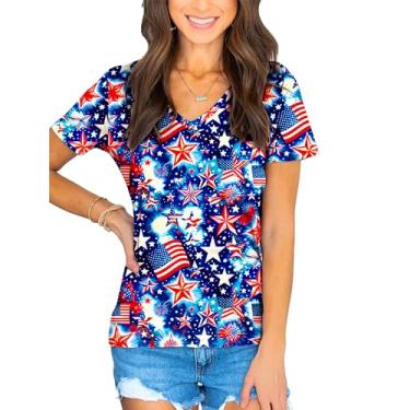 Imagem de AOBUTE Camiseta feminina Mardi Gras gola V manga curta verão tops, Estrela e bandeira, G