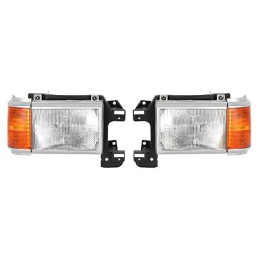 Imagem de KUAFU Par de farol compatível com Ford Bronco 1987-1991 F150 F250 F350 F450 substituição de caminhão para E9TZ13008C E9TZ13008D lente transparente + lente âmbar + estrutura cromada (plástico)
