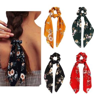Imagem de Scrunchies de cabelo de cetim de seda, cachecol de cabelo com padrão de flor, listrado e estampado Bobbles para suporte de rabo de cavalo, Floral Scarf Scrunchies