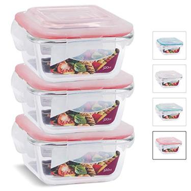 Imagem de KIT 3 Potes de Vidro Quadrado com Tampa Hermética 320ml Cor:Vermelho (LP)