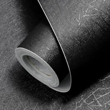 Imagem de Papel de parede de seda preta em relevo, papel de parede descascado e colado, um conjunto de 45 x 762 cm, papel de contato removível, texturizado, autoadesivo, removível, rolo de vinil à prova d'água