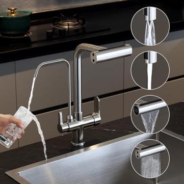 Imagem de KINKIB Torneira de cozinha 3 em 1 com torneira de água potável, torneira de cozinha com torneira de filtro de água, torneira de cozinha de arco alto de furo único de alça dupla com pulverizador de 4