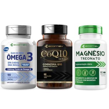 Imagem de Kit Coenzima Gold + Magnesio Treonato + Omega 3 Ultra 1360Mg Epa Dha Selo Importado Pureza IFOS 210 Cáps
