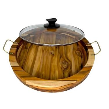 Imagem de Gamela Em Madeira Teca Com Alças para Churrasco Redonda com Tampa de V