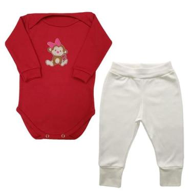 Imagem de Conjunto Body Manga Longa Bebê Macaquinha Laço Rosa + Calça - Generic,