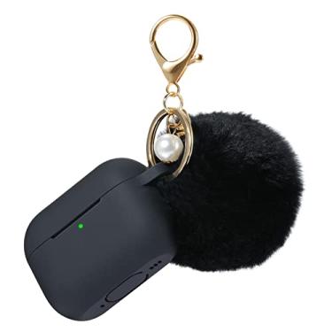 Imagem de Capa para Airpods Pro 2ª Geração Capa de Carregamento 2022, Capa Protetora de Silicone Macio com Chaveiro e Lindo Kit de Bola de Pom de Pele com LED Visível (Preto)