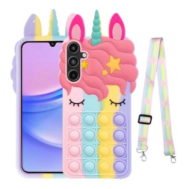 Imagem de nancheng Capa para Samsung Galaxy A15 5G para meninas e mulheres, capa fofa de silicone com bolhas, brinquedos engraçados com cordão de alça à prova de choque, capa protetora para celular - arco-íris