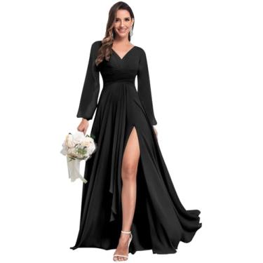 Imagem de HTBVGO Vestidos de dama de honra de chiffon de manga comprida com bolsos longos plissados gola V formal vestido de noite para mulheres, Preto, 50