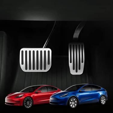 Imagem de Tesheer Pedal de desempenho para Tesla modelo 3/Y antiderrapante pedal de freio acelerador substituição para acessórios de decoração Tesla capa de pedal de metal (prata)