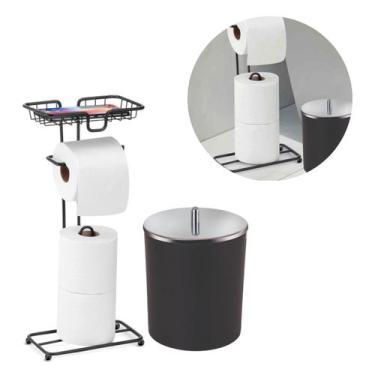 Imagem de Kit Banheiro Porta Papel Higiênico C/ Porta Celular Lixeira 5L Preto C