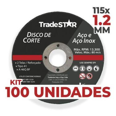 Imagem de Kit 100 Discos De Corte Metal Inox 115x1,2mm Esmerilhadeira - Tradesta