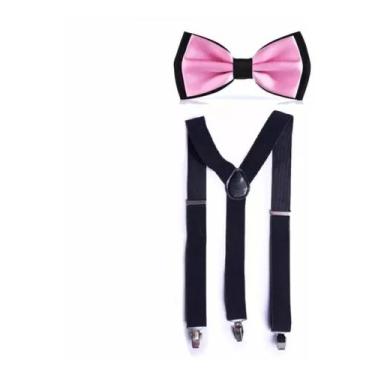 Imagem de Kit Suspensório Preto Gravata Borboleta Dupla Preto C/rosa Bebê Ref 24