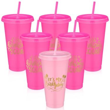 Imagem de Jingmore Copos de plástico de esquadrão de 680 g com tampa e canudo para decorações de aniversário de 20, 30, 40, 50, 60 anos, lembrancinha para mulheres e adultos (rosa, vermelho rosa, 6 peças)