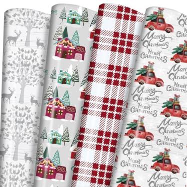 Imagem de PlandRichW Papel de embrulho de Natal dobrado, 12 folhas para crianças e adultos, 51 x 73 cm, xadrez, celeiro, caminhão vermelho, alce, desenhos de cenas de floresta