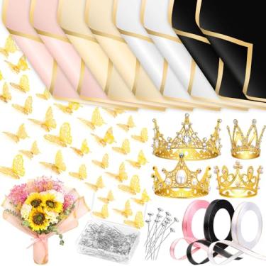 Imagem de cridoz Suprimentos de Acessórios para Buquê de Flores de 195 Unidades, 40 Papéis de Embrulho de Flores, 4 Coroas de Ouro, 48 Decorações de Borboletas, 100 Alfinetes de Flores e 3 Fitas para Formatura