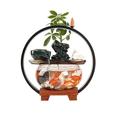 Imagem de Fonte de mesa para área de trabalho para relaxamento, fonte de mesa de cerâmica com tanque de peixes de vidro, base de madeira e luz LED, área de trabalho zen interna com recurso de água relaxante -