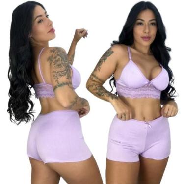 Imagem de Pijama Baby Doll Feminino De Dormir Conforto Cropped Short De Renda Sh