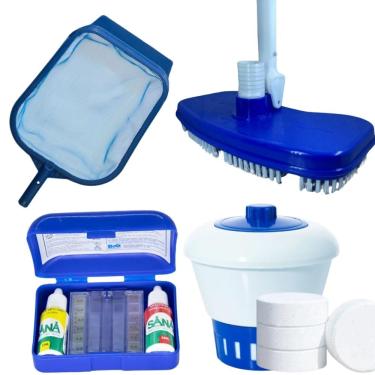 Imagem de Kit para Piscina 1 Kg Cloro + Clorador + Estojo Teste + Aspirador Asa Delta + Peneira Grande