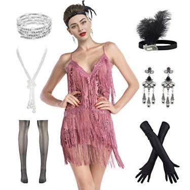 Imagem de Vestido feminino estilo melindrosa, estilo anos 20, Gatsby, com franjas, vestido de coquetel para dança e dança com conjunto de acessórios anos 20, rosa, Small
