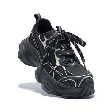 Imagem de OG offground Tênis feminino grosso, moderno, de couro, confortável, com cadarço, plataforma, tênis de corrida, Preto, 38