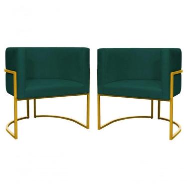 Imagem de Kit 2 Poltronas Decorativa Luxo Base De Metal Dourada Escritório Recepção Sala Suede Verde Eli Móveis E Decoração