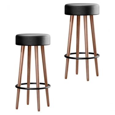 Imagem de Kit Conjunto 2 Banquetas Malibu Pés Palito Estofado Para Area Gourmet Cozinha Bar Balcao Bistro Courino Preto Eli Móve