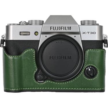 Imagem de Capa X-T30, capa BMAOLLONGB feita à mão de couro PU meia câmera versão abertura inferior para Fujifilm X-T30 XT30 com alça de pescoço mini bolsa de armazenamento (verde)