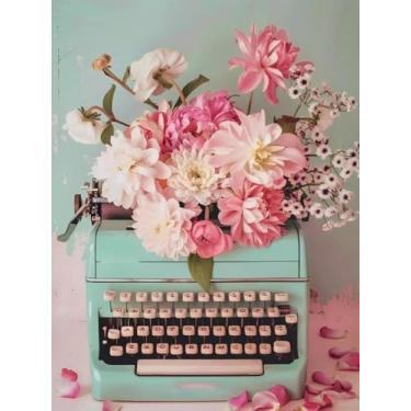 Imagem de UPABLUNSO Kit de pintura de diamante floral de máquina de escrever vintage, kit de arte de diamante para adultos, kit de arte de diamante para iniciantes, kit de arte de diamante redondo 5D, decoração